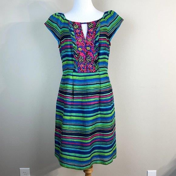 Nanette Lepore Dress 8 Blue Green Silk Linen Stripe Beaded Ruffle Mamacita Frock - Picture 1 of 14